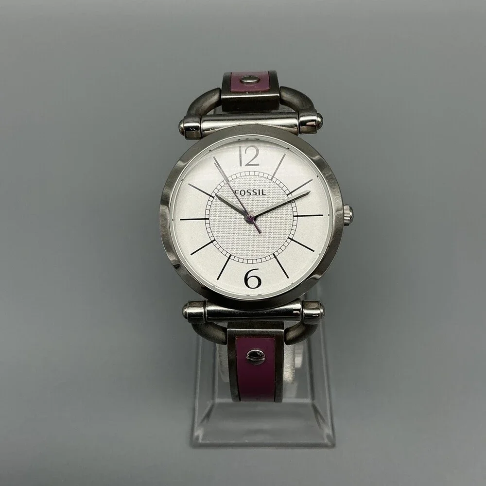 Fossil ES-2472 Womens Watch 30mm Silver Tone Purple Inlay Stainless New Battery